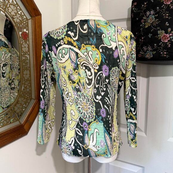 VTG 90s/Y2K Alberto Makali Green Multicolor Crinkle Sequin Whimsy 3/4 Sleeve Top - Picture 5 of 8